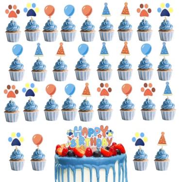 Imagem de SAVITA Conjunto de Topos Bolo para Cães Azuis, 1 Prato Grande Bolo e 30 Peças Topos Pequenos Decoração Festa Aniversário Desenho Animado para Meninos e Meninas Festa Aniversário Chá de Bebé