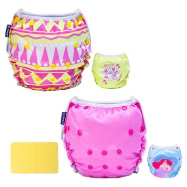 Imagem de EZ Moms Fraldas de natação para bebês, reutilizáveis, 2 peças, tamanho grande, ajustável, lavável, tamanho único, fralda de natação infantil com uma toalha Shammy para bebês, fraldas aquáticas, à