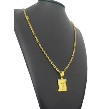 Imagem de Cordão Cadeado 3mm Pingente Jesus Banhado Ouro 70cm - Tojoia18K