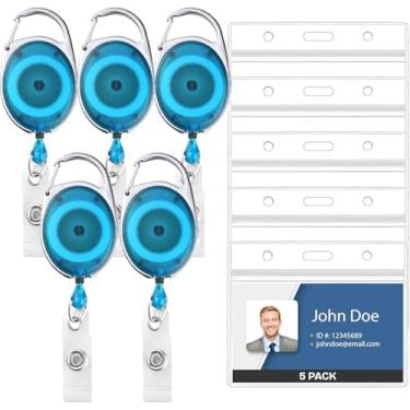 Imagem de Pacote com 5 porta-crachás de identificação com clipe, bobinas transparentes azuis claras com capas de identificação, porta-cartão de identificação transparente retrátil, suporte de identificação
