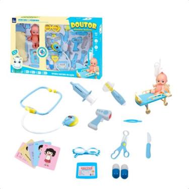 Imagem de Brinquedo Infantil Kit Médico Azul com Mini Paciente Maca Estetoscópio