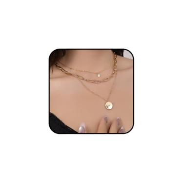 Imagem de sunglnl Colares femininos em camadas douradas, colar grosso de dois tons, pingente de moeda de prata, clipe de papel, corrente empilhada, joia moderna, presente, Large, Aço inoxidável, Sem Pedra