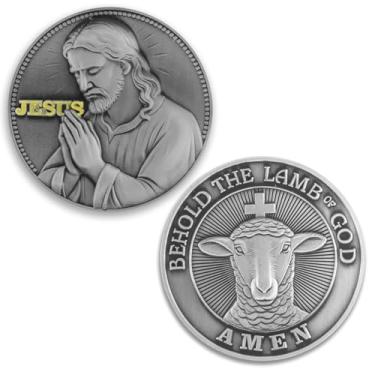Imagem de Jesus Prayer & Lamb of God Christian Challenge Coin – Inspirational Pocket Token for Faith, Baptism, Easter & Spiritual Encouragement (Silver Gray)