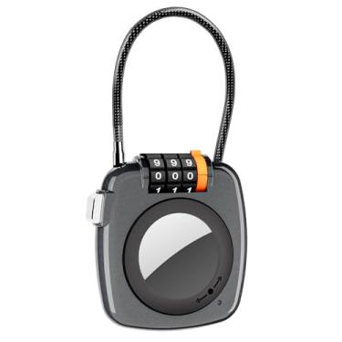 Imagem de Versão atualizada trava de combinação de suporte AirTag, cadeado de zíper reconfigurável com cabo, cadeado de corpo de liga com capa AirTag, fechaduras de bagagem de viagem antiperda com suporte