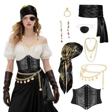 Imagem de Conjunto de acessórios de fantasia de pirata para mulheres com lenço de cabeça, espartilho de pirata, colar, faixa, cinto de corrente, Preto, One Size