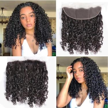 Imagem de Nicewig Encaracolado birmanês 33 x 10 fechamento frontal de renda cacheada saltitante de orelha a orelha HD transparente fechamento frontal 50 cm extensões de cabelo humano Funmi cru 150% densidade