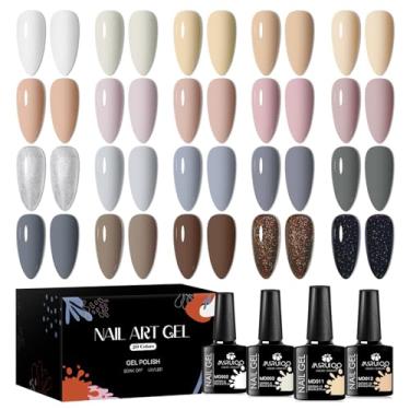 Imagem de MSRUIOO Conjunto de esmalte de gel, 20 cores clássicas: nude, cinza, neutro, branco, preto, glitter, kit para todas as estações, absorver, lâmpada de unha de gel UV, presente para mulheres