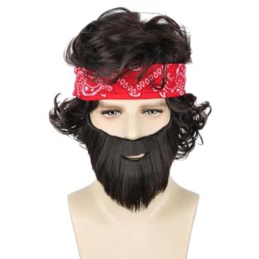 Imagem de LeMarnia Conjunto de peruca masculina e turbante de barba falsa, marrom, curto, encaracolado, para Halloween, cosplay, festa, perucas engraçadas