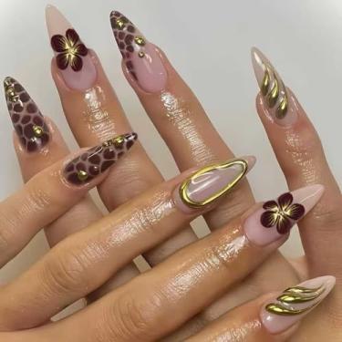 Imagem de Unhas artificiais francesas de pressão longa, marrom amêndoa, unhas artificiais com desenhos, prensas de acrílico brilhante, pingentes dourados, para mulheres, 24 peças