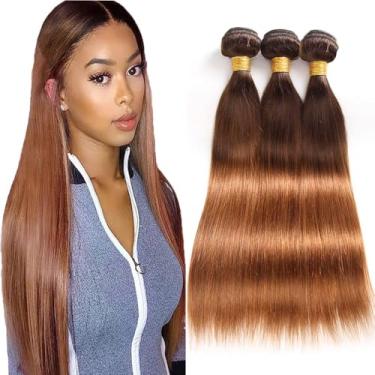 Imagem de LOIUMGUU Feixes de cabelo humano marrom ombré T4/30 mechas lisas 46 50 56 cm 2 tons de colagem e trama de cabelo marrom real para mulheres trama dupla