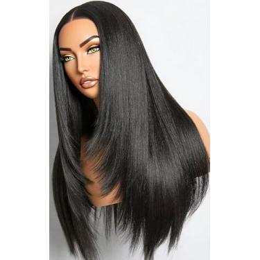 Imagem de Peruca frontal de renda sintética sem cola, peruca de renda de 33 x 15 cm pré-arrancada com cabelo de bebê, perucas pretas naturais lisas Yaki para mulheres negras 66 cm prontas para usar para