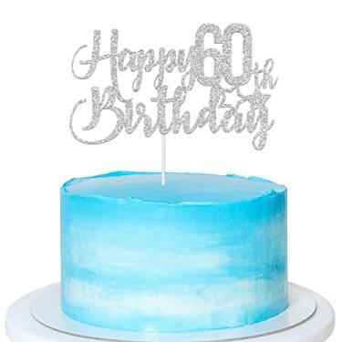 Imagem de Topo de bolo de feliz aniversário de 60 anos com glitter prateado - Topo de bolo de 60º aniversário, decoração de festa de 60 anos