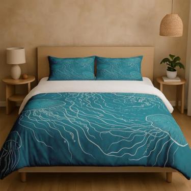 Imagem de Conjunto de capa de edredom de água-viva – Roupa de cama inspirada no oceano de 3 peças com arte de linha e design de vida marinha – Capa de edredom minimalista do mar profundo com fronhas – Decoração