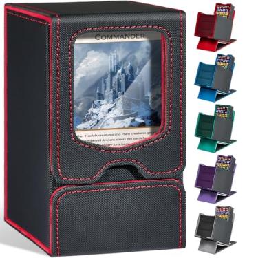 Imagem de Fabmaker Caixa de baralho para MTG Commander, caixa magnética de armazenamento de cartões colecionáveis com visor Commander e bandeja de dados, serve para 100 cartas de manga dupla, caixa de cartão