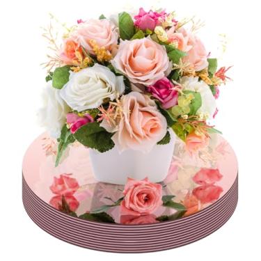 Imagem de Pratos de centro de mesa espelhados redondos, vidro acrílico, pacote com 12, bandeja circular decorativa para mesa de casamento, festa, decoração de Natal (ouro rosa - 20 cm)