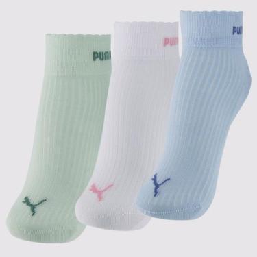 Imagem de Kit Meia Puma Cano Médio 3 Pares Feminina Verde Azul e Branco, 34-39