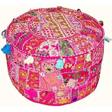 Imagem de The Harry Creations Nova almofada decorativa de patchwork confortável indiano otomano étnico algodão pufe capa de pufe bordada no chão (rosa, 45,7 x 33 cm)