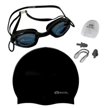 Imagem de Excel Kit Completo Natação, Óculos Flow com Lentes de Policarbonato, Touca de Silicone SC-01, Protetores de Ouvido e Nariz (Preto)