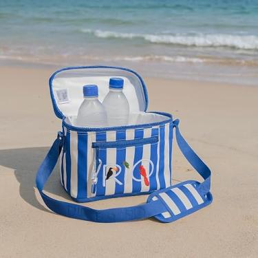 Imagem de Bolsa Térmica 5L, Alça Ajustável, Design Listrado Azul e Branco, Forrada no PVC