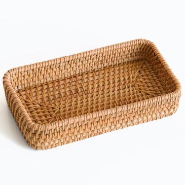Imagem de KALEKAIL Bandeja pequena de vime, bandeja retangular de tecido, cesta de chave para mesa de entrada, bandejas de vime natural, cestas decorativas para mesa de café, cozinha, banheiro