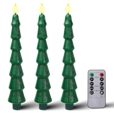 Imagem de KDVOG 3 velas cônicas sem chama, velas de árvore de Natal em camadas com controle remoto, castiçais verdes de LED de cera real de 24 cm com chama cintilante 3D, para presentes de Natal e Ano Novo