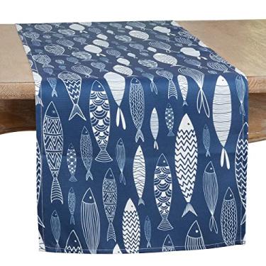 Imagem de SARO LIFESTYLE Caminho de mesa com design de peixe, coleção escolar 40,64 cm x 228,64 cm, azul marinho