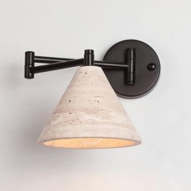 Imagem de Luminária de parede estilo retro Wabi Sabi, luminária de parede com braço oscilante ajustável com abajur de pedra cônica, luminária de leitura de parede de cabeceira para quarto, sala de est