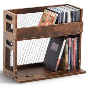 Imagem de Jetec 2 conjuntos de caixas de armazenamento de DVD e CD de metal e madeira, estilo retrô, fita cassete, suporte com alça de transporte, prateleira organizadora para capas de filmes, pode armazenar