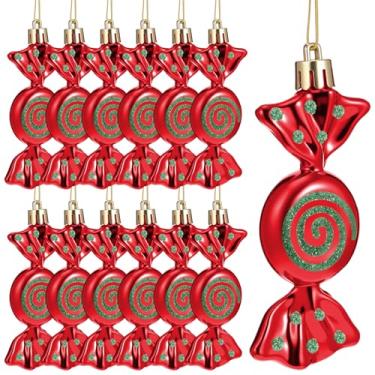 Imagem de Threan 12 peças de enfeites de doces de Natal pendurados com glitter, decoração de bengala doce, árvore de Natal, enfeite de hortelã-pimenta com corda dourada para decoração de Natal e Halloween