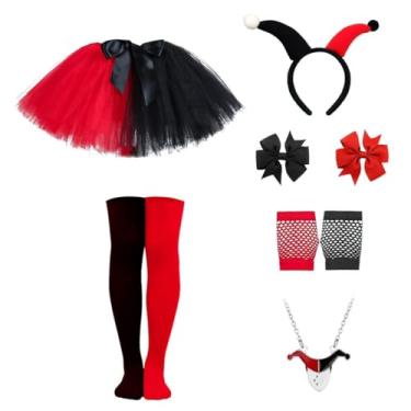 Imagem de FEBALHS Fantasias de Halloween para meninas, fantasias infantis de cosplay, saia de tule com laço de cabelo, luvas de malha, colar, acessório de cabeça