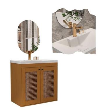 Imagem de Kit Banheiro Artemis com Espelho 60cm e Cuba com Tampa Marrom Conjunto