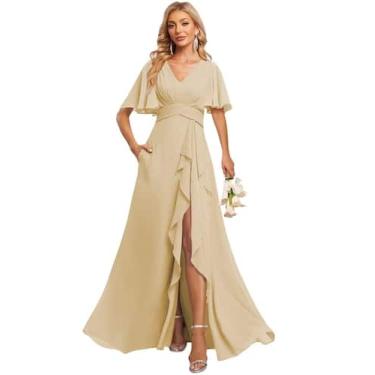 Imagem de Vestido de dama de honra demamify champanhe com decote em V e chiffon,