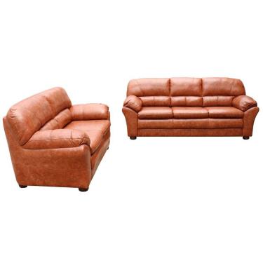 Imagem de Jogo de Sofá 2 e 3 Lugares Sala de Estar Pés Madeira Laura Couro Marrom Envelhecido - Gran Belo