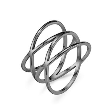 Imagem de Anel de aço inoxidável duplo X cruzado para mulheres com articulações empilháveis para festas e coquetéis aliança de casamento larga ajuste confortável, cor preto dourado prata, Aço inoxidável, Sem