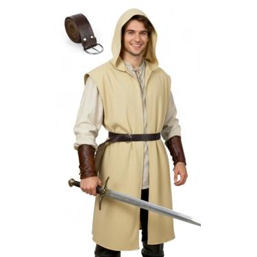 Imagem de Fantasia masculina renascentista com capuz, sobretudo, túnica medieval, sem mangas, capa viking, fantasia Holloween LARP Assassin Cosplay, Caqui, Small