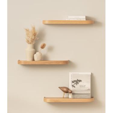 Imagem de Kazai. Prateleiras flutuantes para parede 'Toke' | Conjunto de 3 unidades pequenas de prateleira de madeira montadas | Decoração de parede moderna e armazenamento para sala de estar, banheiro, cozinha