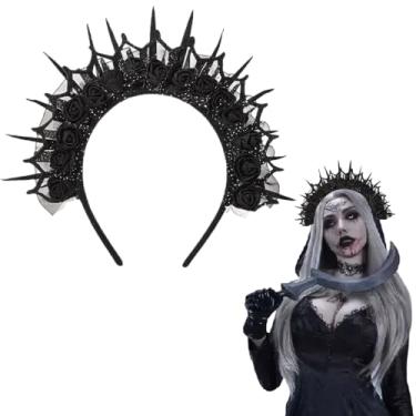 Imagem de GELXGRIT Tiara de coroa de flores de Halloween rosa preta floral halo faixa de cabelo gótico horror acessório para cabeça Dia dos Mortos para baile de máscaras de Halloween, acessórios de fantasia de