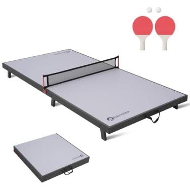 Imagem de RAYKEEP Mini mesa de tênis de mesa dobrável, mesa de jogo de pingue-pongue portátil de 122 cm para uso interno e externo, conjunto de mesa de tênis de mesa com rede, 2 pás, 2 bolas, sem montagem