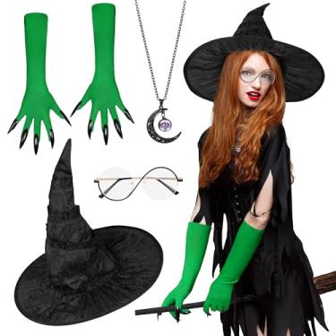 Imagem de DANGCOS Chapéu de bruxa de Halloween, luvas verdes, óculos redondos, colar de lua - 4 peças de acessórios de bruxa para mulheres, cosplay, bruxa má do oeste, festa temática de filme