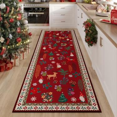 Imagem de Tapete passadeira Rugcomf Lavável, 80 x 240 cm, fino e antiderrapante, para entrada interna, vermelho para Natal, para corredor, entrada, cozinha, lavanderia, quarto, banheiro (vermelho, Papai Noel)