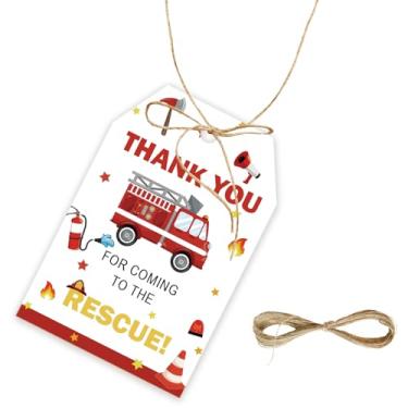 Imagem de 50 etiquetas de agradecimento de caminhão de bombeiros, etiqueta de presente de bombeiro com cordão para festa de aniversário, etiquetas de papel de agradecimento de caminhão de bombeiros vermelho