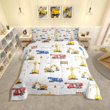 Imagem de Feelyou Conjunto de edredom casal com caminhões, escavadeira, para crianças, meninos, meninas, veículos de construção, edredom para decoração de quarto, microfibra, 3 peças com 2 fronhas