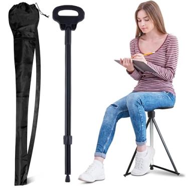 Imagem de ALEVMOOM Bengala de caminhada com assento dobrável leve, banquinho de bengala para adultos, cadeira de caminhada de alumínio, capacidade de 150 kg, assento portátil para idosos, com bolsa de