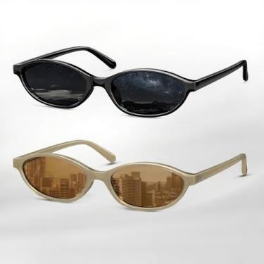 Imagem de Óculos de sol retrô para mulheres, ovais, olho de gato, anos 90, para festa, dirigir, viajar, pacote com 2, Preto + verde-oliva