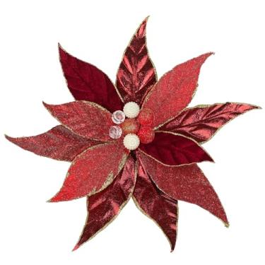 Imagem de DILATATA 3 peças de flores artificiais de Natal 33 cm palhetas de poinsétia com glitter, enfeites de árvore de Natal, flores de poinsétias vermelhas, para Natal, Ano Novo, guirlanda de casamento