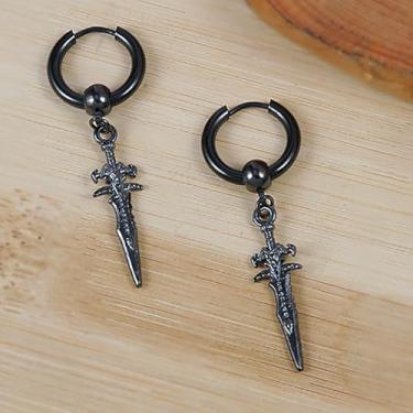 Imagem de Brincos de argola pequenos com pingente de gota de espada para mulheres e homens, banhado a prata, aço inoxidável, gravação, adaga, Halloween, berloques, argolas, punk, vintage, joia de oração punk