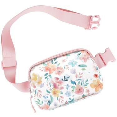 Imagem de Simikol Bolsa de cinto para corrida e atividades ao ar livre para mulheres e meninas, leve, moderna, pochete à prova d'água, para treino, caminhadas, viagens, aquarela, rosa, floral