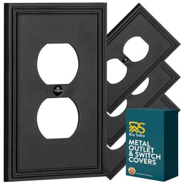 Imagem de Rio Salto Capas para interruptores de luz preta com borda moderna de metal, placas de parede duplas, decorativas, para tomadas elétricas, preto fosco, pacote com 4