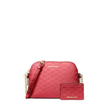 Imagem de Michael Kors Bolsa tiracolo Jet Set Dome com estojo para cartão, ferragens douradas/glitter em relevo MK/carmesim