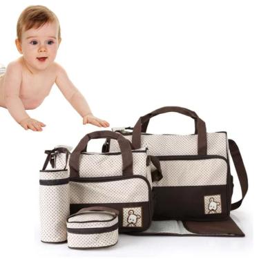 Imagem de Kit Bolsa Maternidade Mochila Bebe Trocador Porta Mamadeira Papinha 5 Pecas Mala Luxo Impermeavel Menina Menino Marrom P